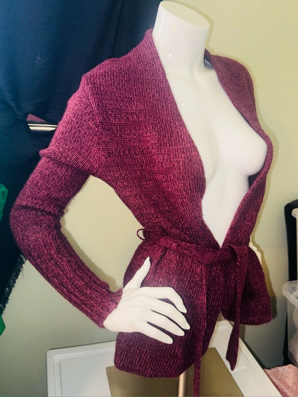 👑 Super Coxy Size XSmall New York & Company Burgundy Wrap-Front Belted Cardigan